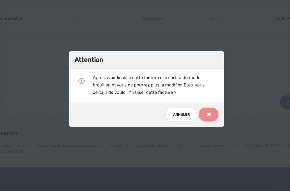 Une alerte vous demande de confirmer si vous souhaitez bien finaliser votre devis ou votre facture. Une fonctionnalité qui facilite votre gestion.