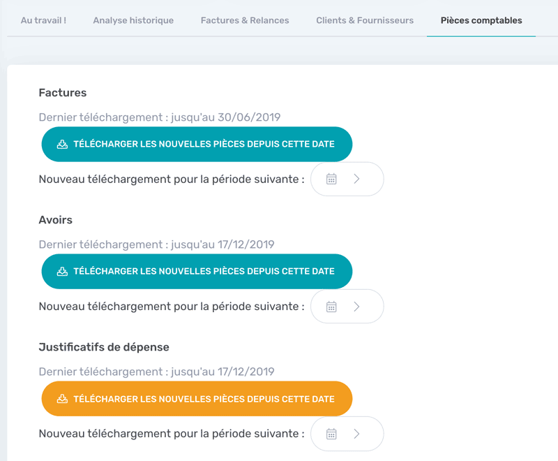 Interface d'export avec choix de la période : factures, avoirs, justificatifs de dépenses..
